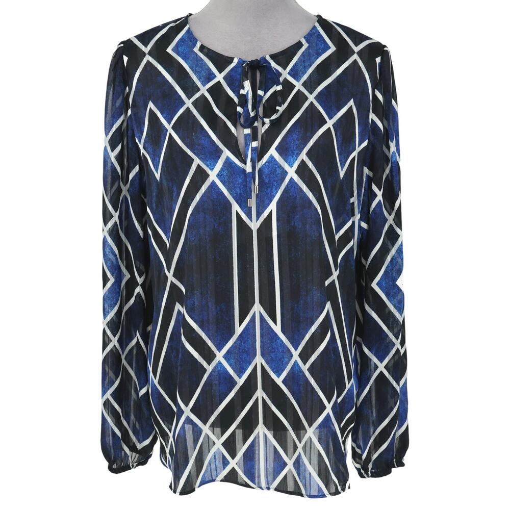 WHBM Top Womens Large Black Blue Chiffon Semi Sheer Blouse Tie Neck Career
